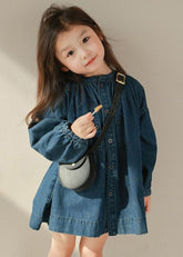 Camisas y abrigos de mezclilla con cuello redondo, botones y patchwork para niñas en azul marino, otoño